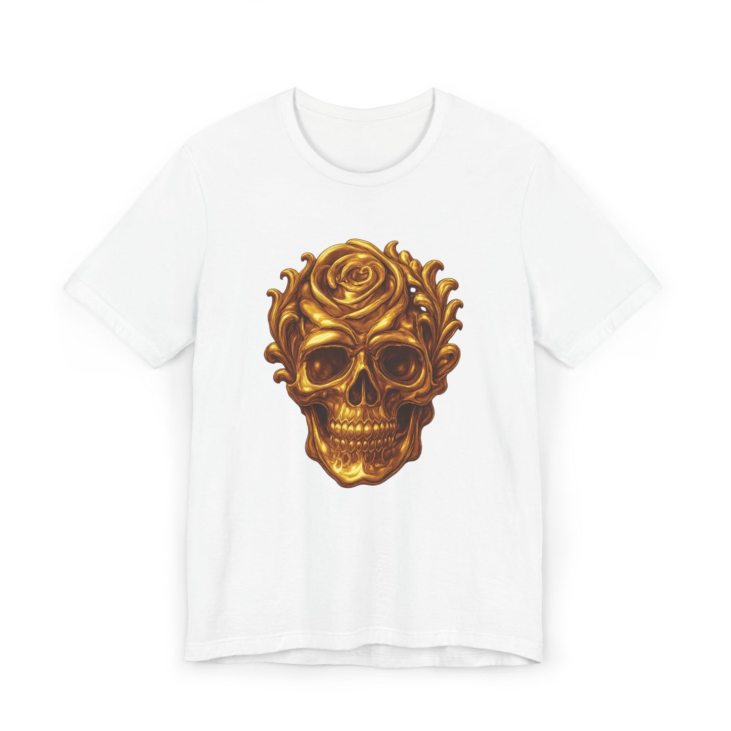 Gold Skull and Rose Unisex Jersey T-Shirt, Casual Graphic Tee, Skull Lover's Gift, Grunge Style Shirt, Vintage Rose T-Shirt