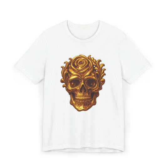 Gold Skull and Rose Unisex Jersey T-Shirt, Casual Graphic Tee, Skull Lover's Gift, Grunge Style Shirt, Vintage Rose T-Shirt