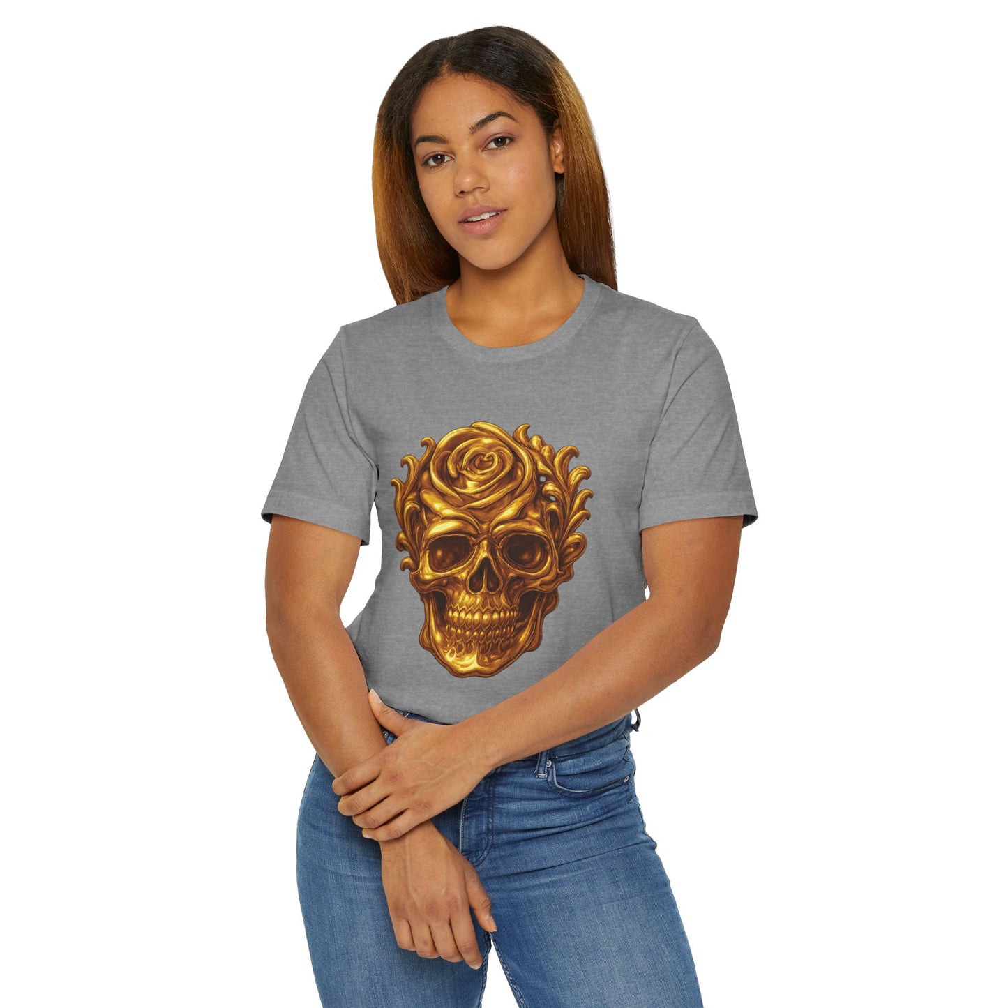 Gold Skull and Rose Unisex Jersey T-Shirt, Casual Graphic Tee, Skull Lover's Gift, Grunge Style Shirt, Vintage Rose T-Shirt