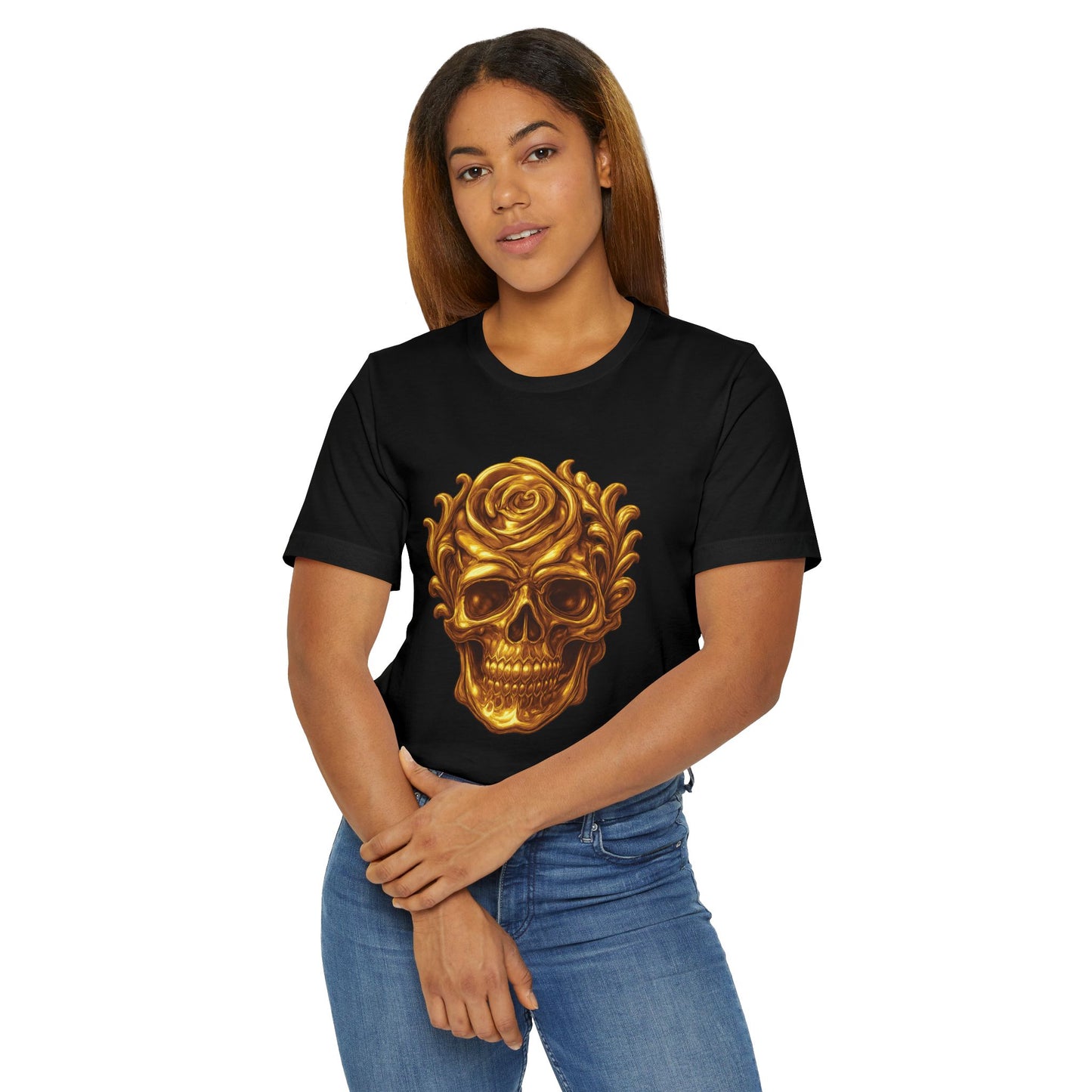 Gold Skull and Rose Unisex Jersey T-Shirt, Casual Graphic Tee, Skull Lover's Gift, Grunge Style Shirt, Vintage Rose T-Shirt