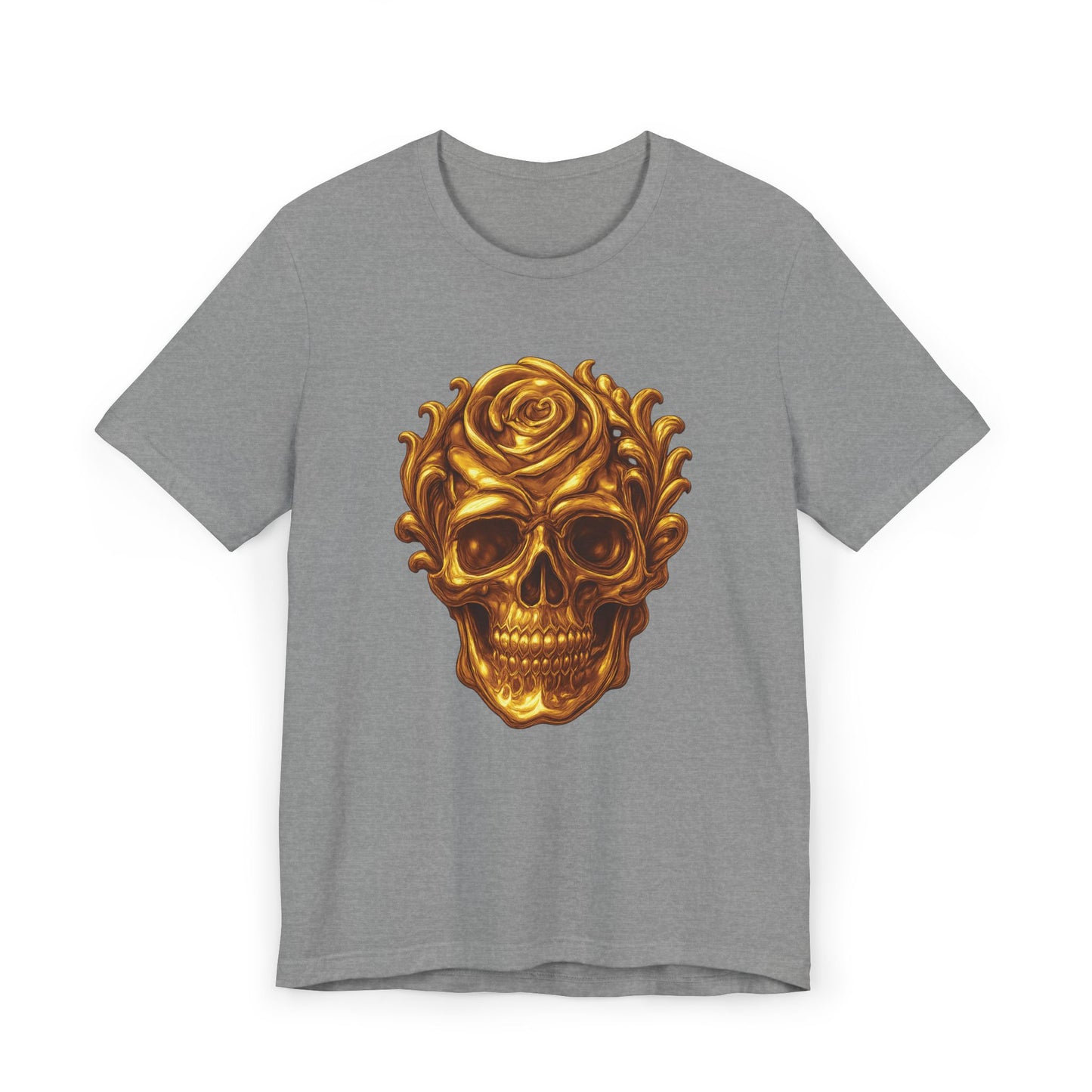Gold Skull and Rose Unisex Jersey T-Shirt, Casual Graphic Tee, Skull Lover's Gift, Grunge Style Shirt, Vintage Rose T-Shirt