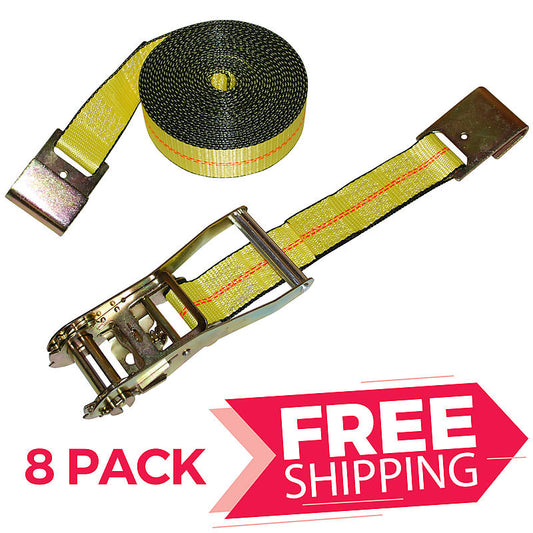 2" x 27' Ratchet Straps with Flat Hooks – 8 Pack