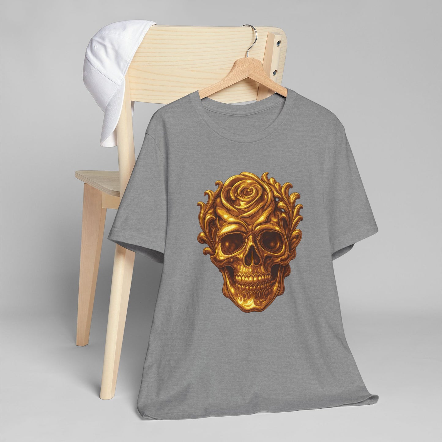 Gold Skull and Rose Unisex Jersey T-Shirt, Casual Graphic Tee, Skull Lover's Gift, Grunge Style Shirt, Vintage Rose T-Shirt