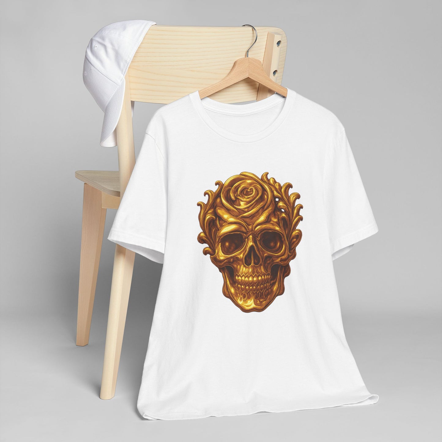 Gold Skull and Rose Unisex Jersey T-Shirt, Casual Graphic Tee, Skull Lover's Gift, Grunge Style Shirt, Vintage Rose T-Shirt