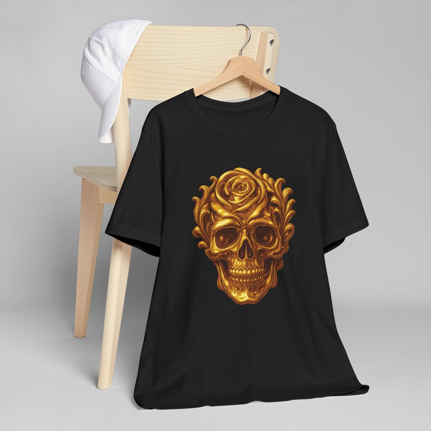 Gold Skull and Rose Unisex Jersey T-Shirt, Casual Graphic Tee, Skull Lover's Gift, Grunge Style Shirt, Vintage Rose T-Shirt