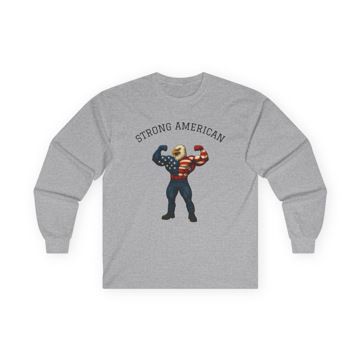 Strong American Long Sleeve, Patriotic Clothing, Fitness Gift, Unique Eagle Artwork Tee