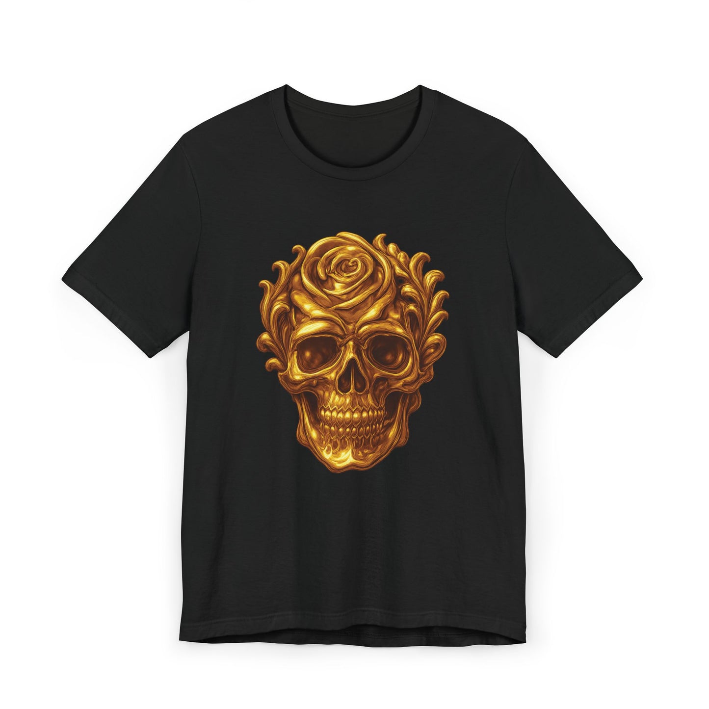 Gold Skull and Rose Unisex Jersey T-Shirt, Casual Graphic Tee, Skull Lover's Gift, Grunge Style Shirt, Vintage Rose T-Shirt
