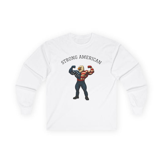Strong American Long Sleeve, Patriotic Clothing, Fitness Gift, Unique Eagle Artwork Tee