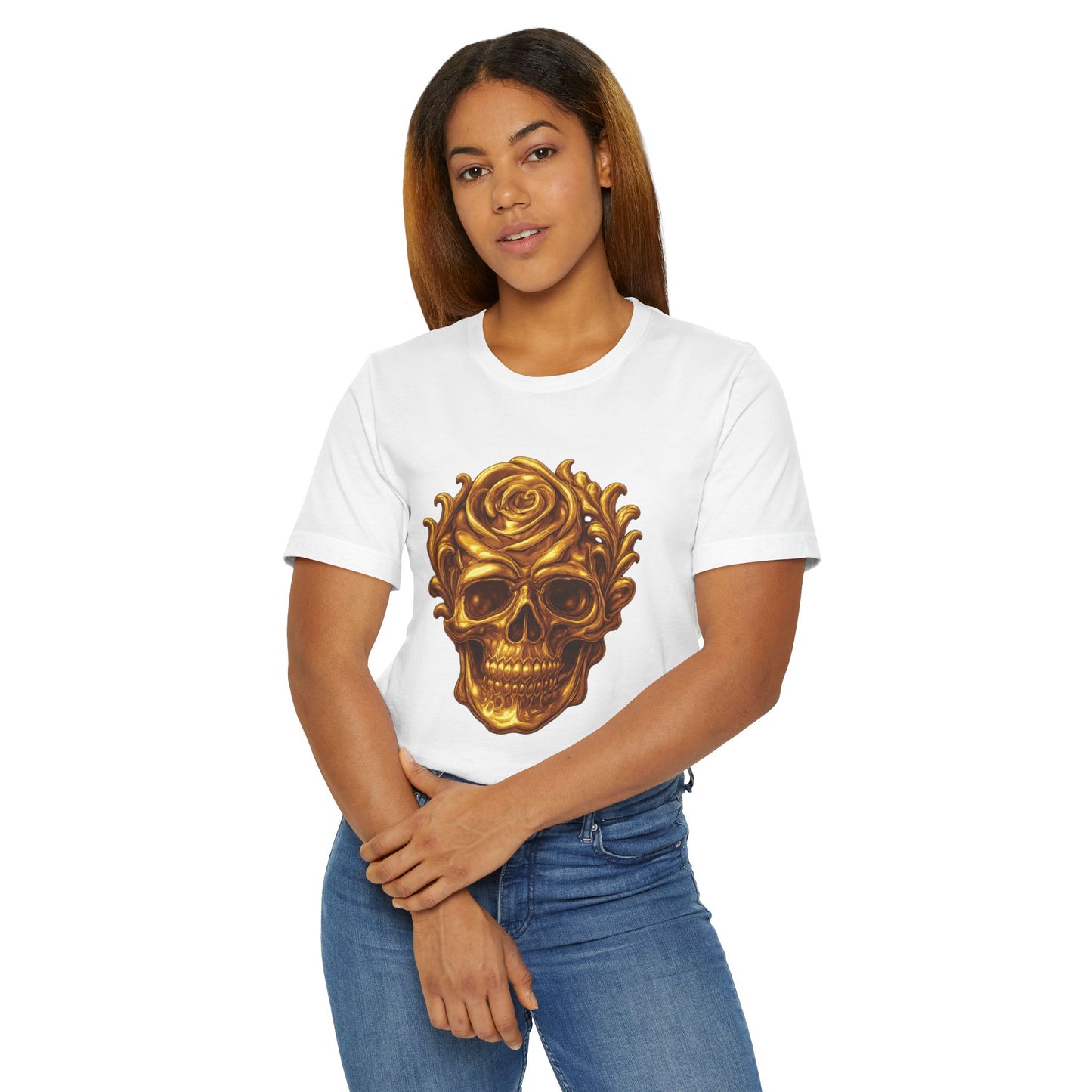 Gold Skull and Rose Unisex Jersey T-Shirt, Casual Graphic Tee, Skull Lover's Gift, Grunge Style Shirt, Vintage Rose T-Shirt